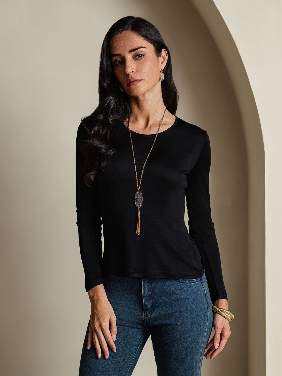 [Black] SilkSilky-CA Silk Long Sleeve Round Neck Women's T-Shirt 003