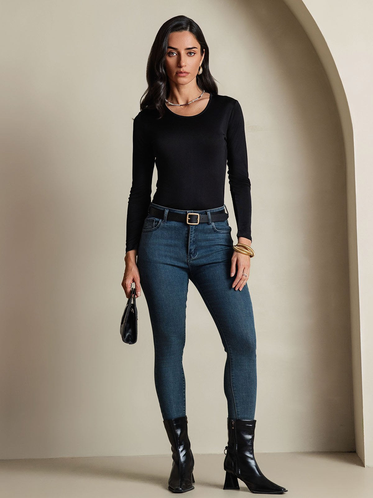 [Black] SilkSilky-CA Silk Long Sleeve Round Neck Women's T-Shirt 006
