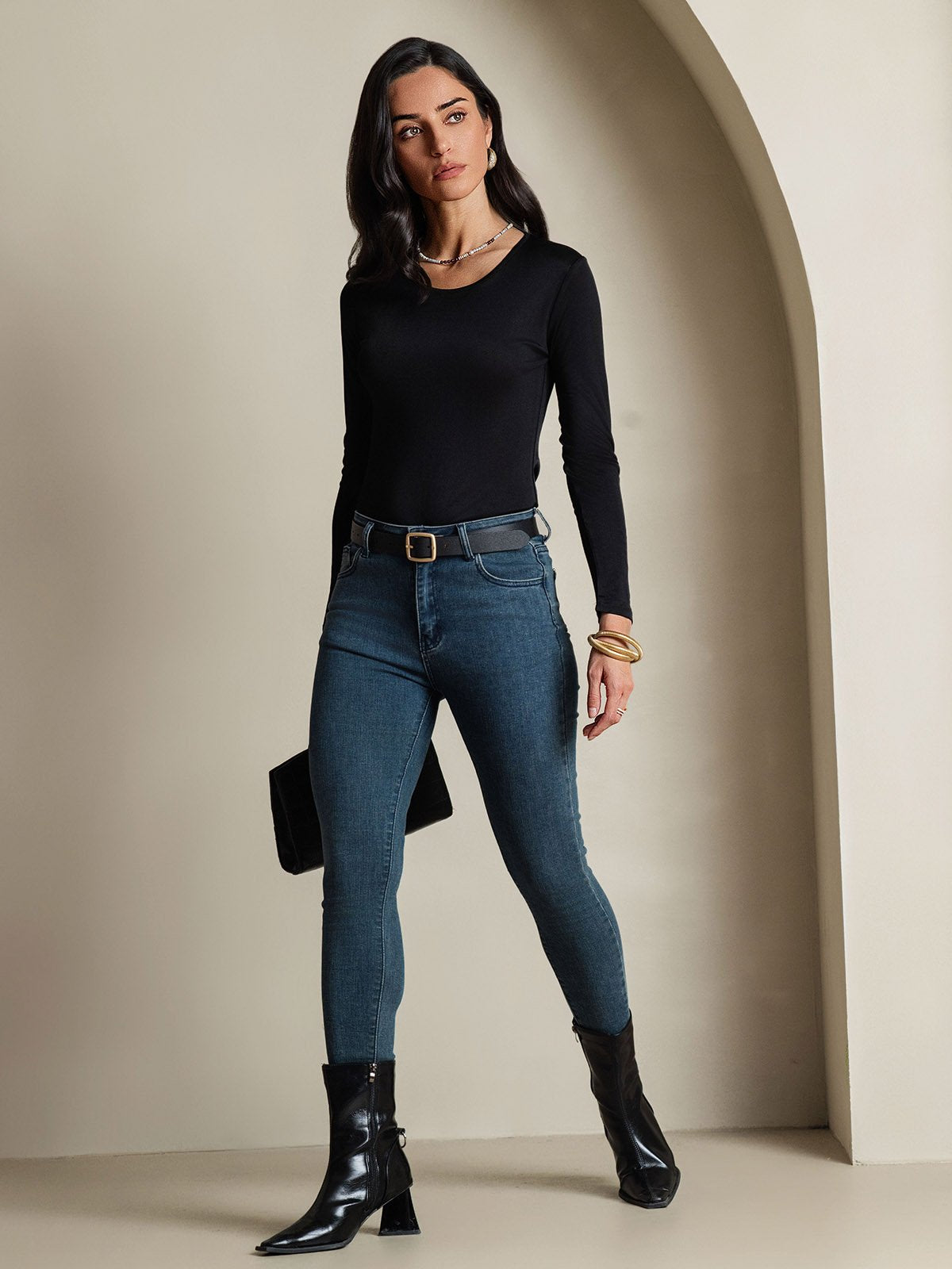 [Black] SilkSilky-CA Silk Long Sleeve Round Neck Women's T-Shirt 007