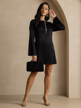[Black] SilkSilky-CA Long Sleeve Boat Neck Dress 007