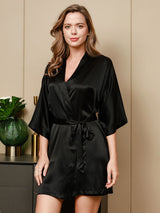 [Black] SilkSilky-CA 3/4 Sleeve V Neck Nightgown&Robe Set 003