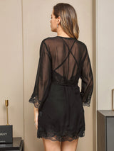 [Black] SilkSilky-CA 3/4 Sleeve V Neck Nightgown&Robe Set 003