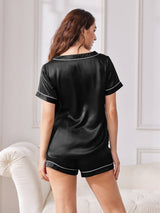 [Black] SilkSilky-CA Pure Silk Short Sleeve V Neck Women's Pajamas 002