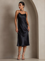 [Black] SilkSilky-CA Spaghetti Strap Cowl Neck Dress 003