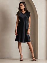 [Black] SilkSilky-CA Cap Sleeve V Neck Dress 006