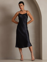 [Black] SilkSilky-CA Spaghetti Strap Cowl Neck Dress 001