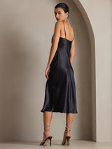 [Black] SilkSilky-CA Spaghetti Strap Cowl Neck Dress 002