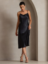 [Black] SilkSilky-CA Spaghetti Strap Cowl Neck Dress 004