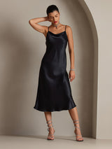 [Black] SilkSilky-CA Spaghetti Strap Cowl Neck Dress 006