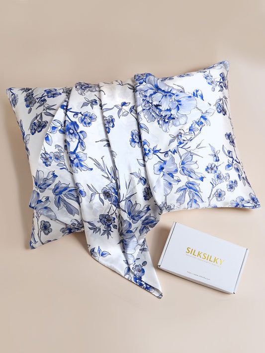 100% Mulberry Silk Pillowcase - Blue Peony