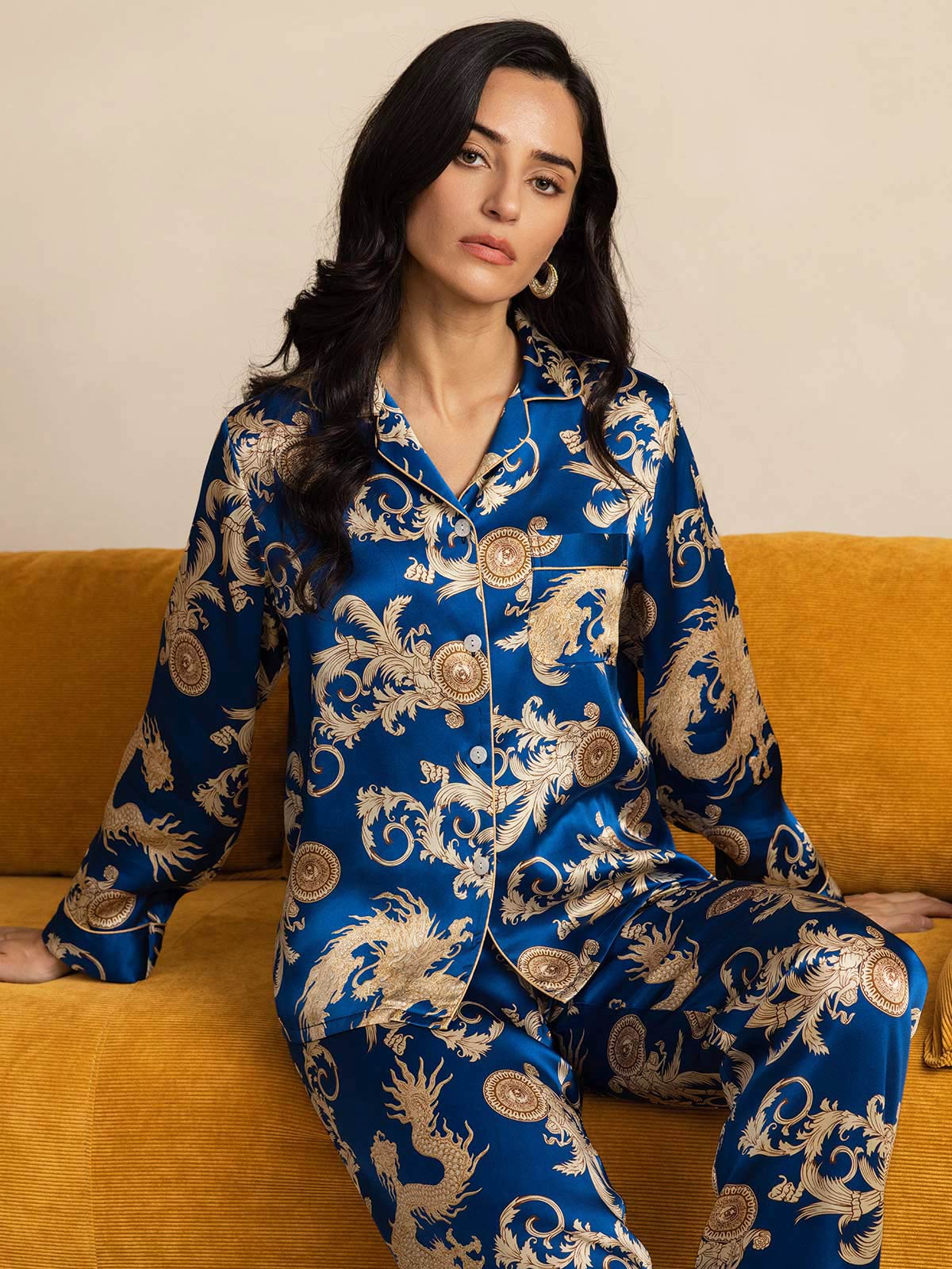 [Blue] SilkSilky-CA Pure Silk Long Sleeve Lapel Women's Pajamas 001
