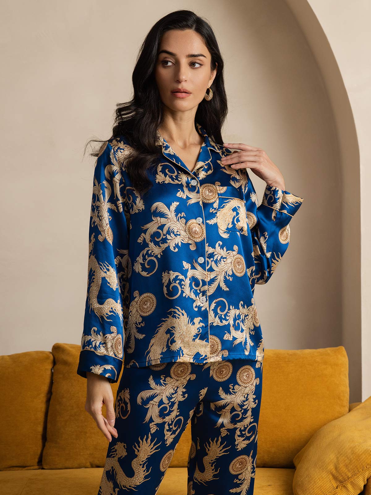 [Blue] SilkSilky-CA Pure Silk Long Sleeve Lapel Women's Pajamas 003