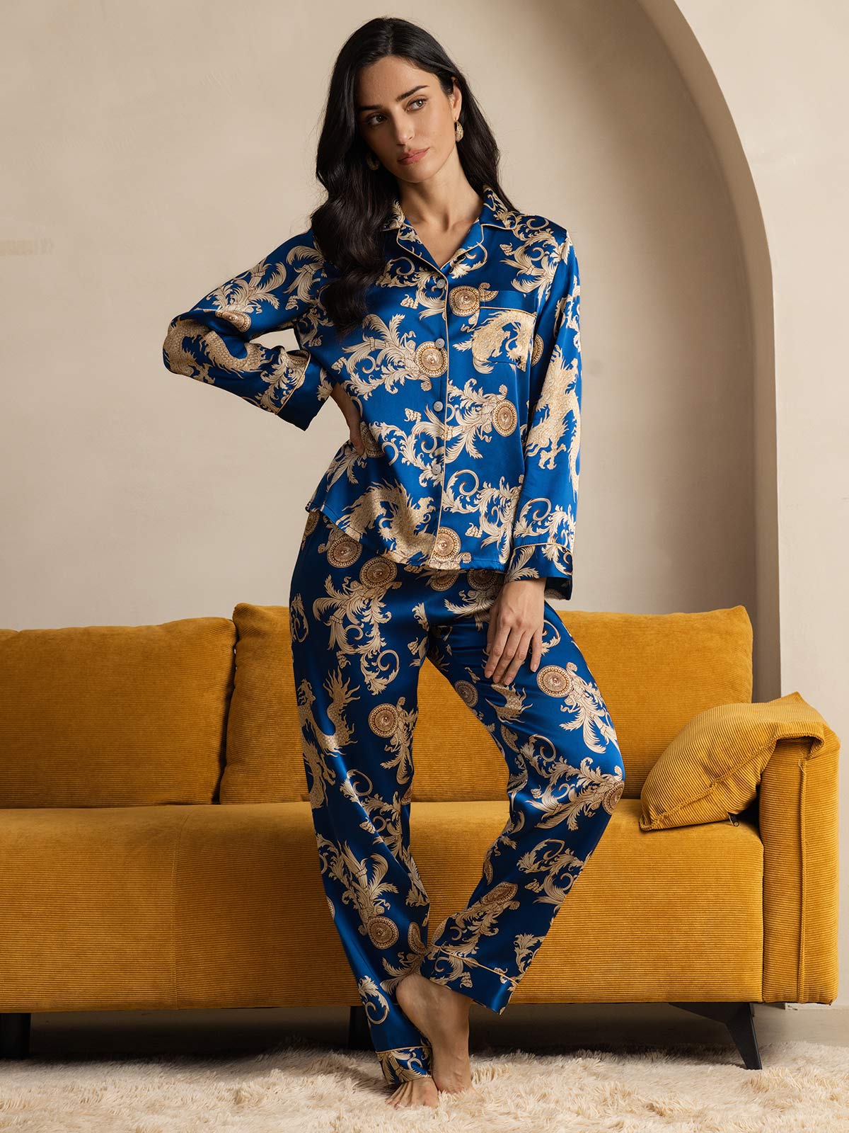 [Blue] SilkSilky-CA Pure Silk Long Sleeve Lapel Women's Pajamas 006