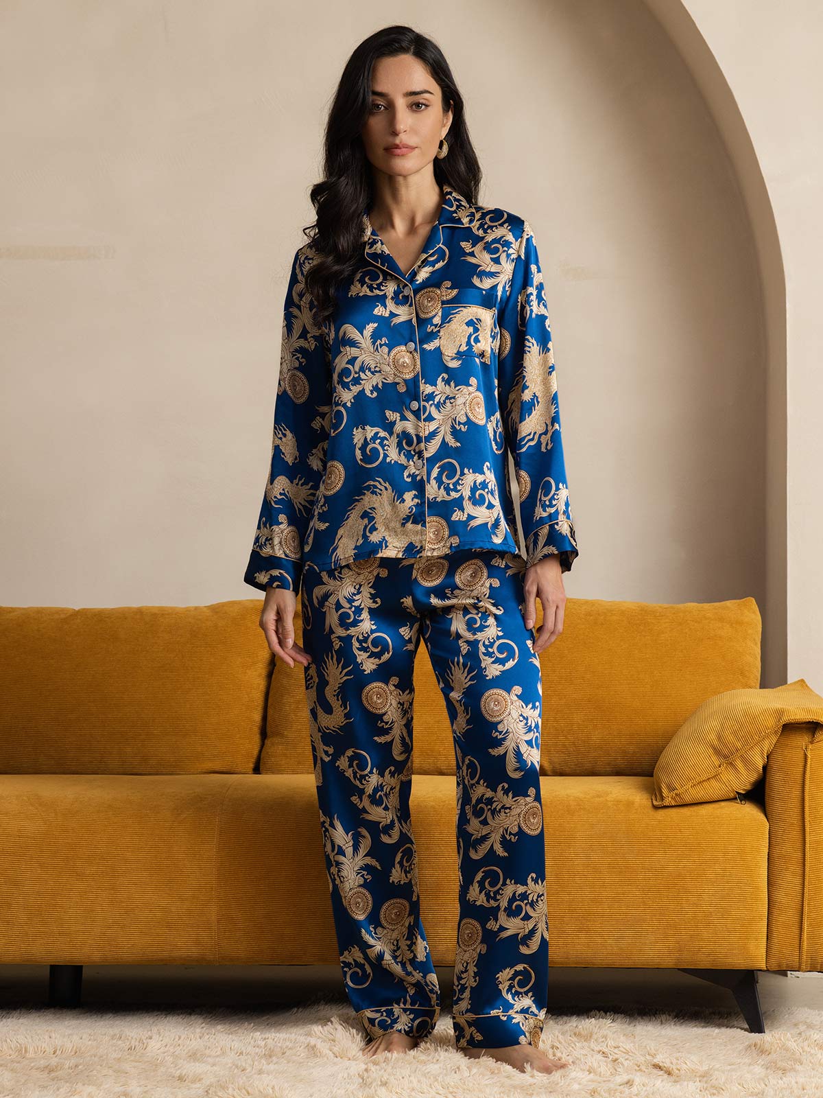 [Blue] SilkSilky-CA Pure Silk Long Sleeve Lapel Women's Pajamas 007
