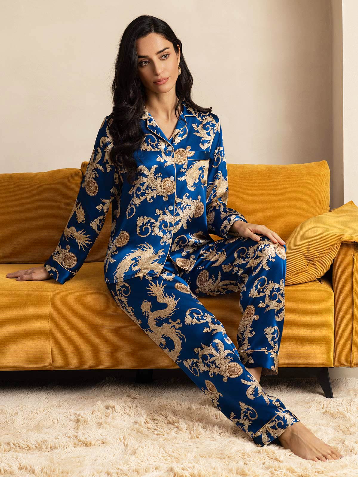 [Blue] SilkSilky-CA Pure Silk Long Sleeve Lapel Women's Pajamas 008