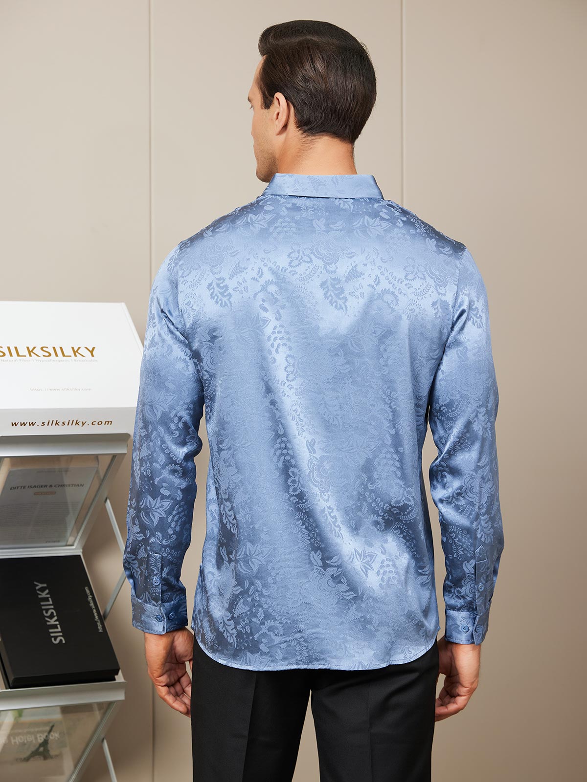 [Blue] SilkSilky-CA Silk Long Sleeve Collar Men's Shirt 002