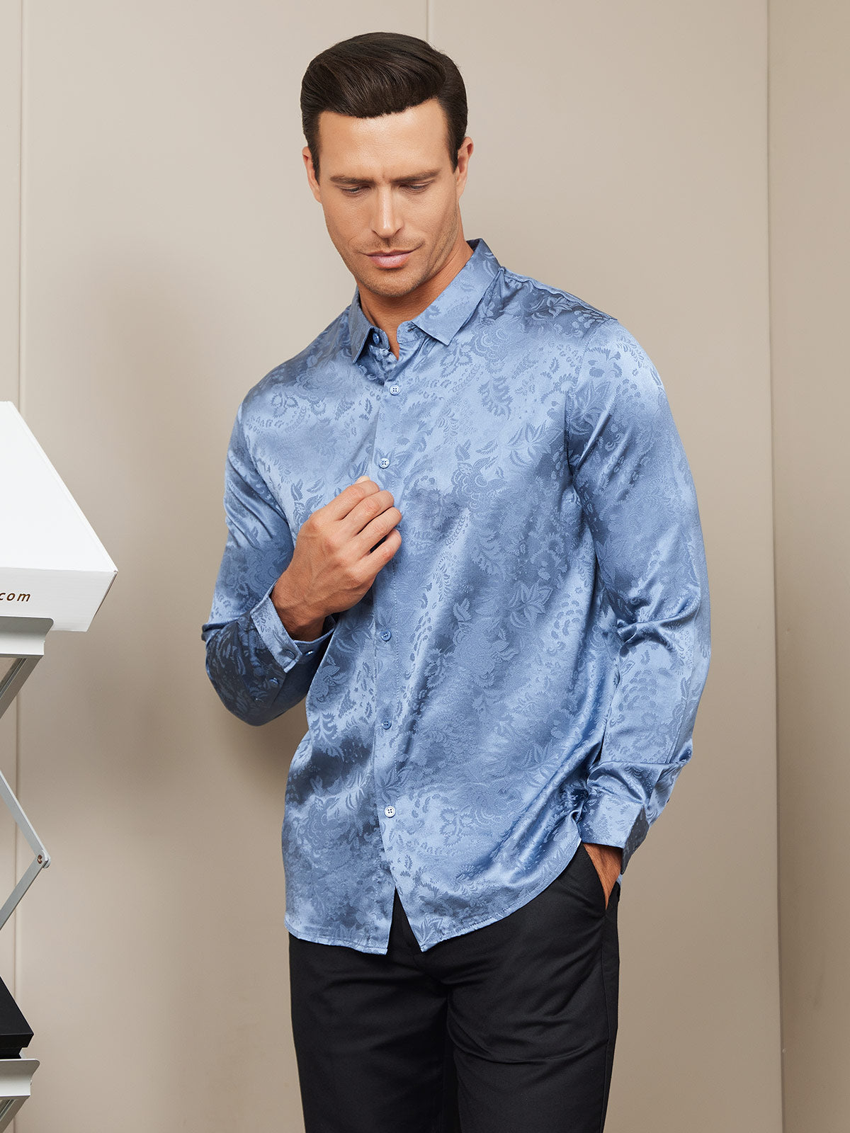 [Blue] SilkSilky-CA Silk Long Sleeve Collar Men's Shirt 003