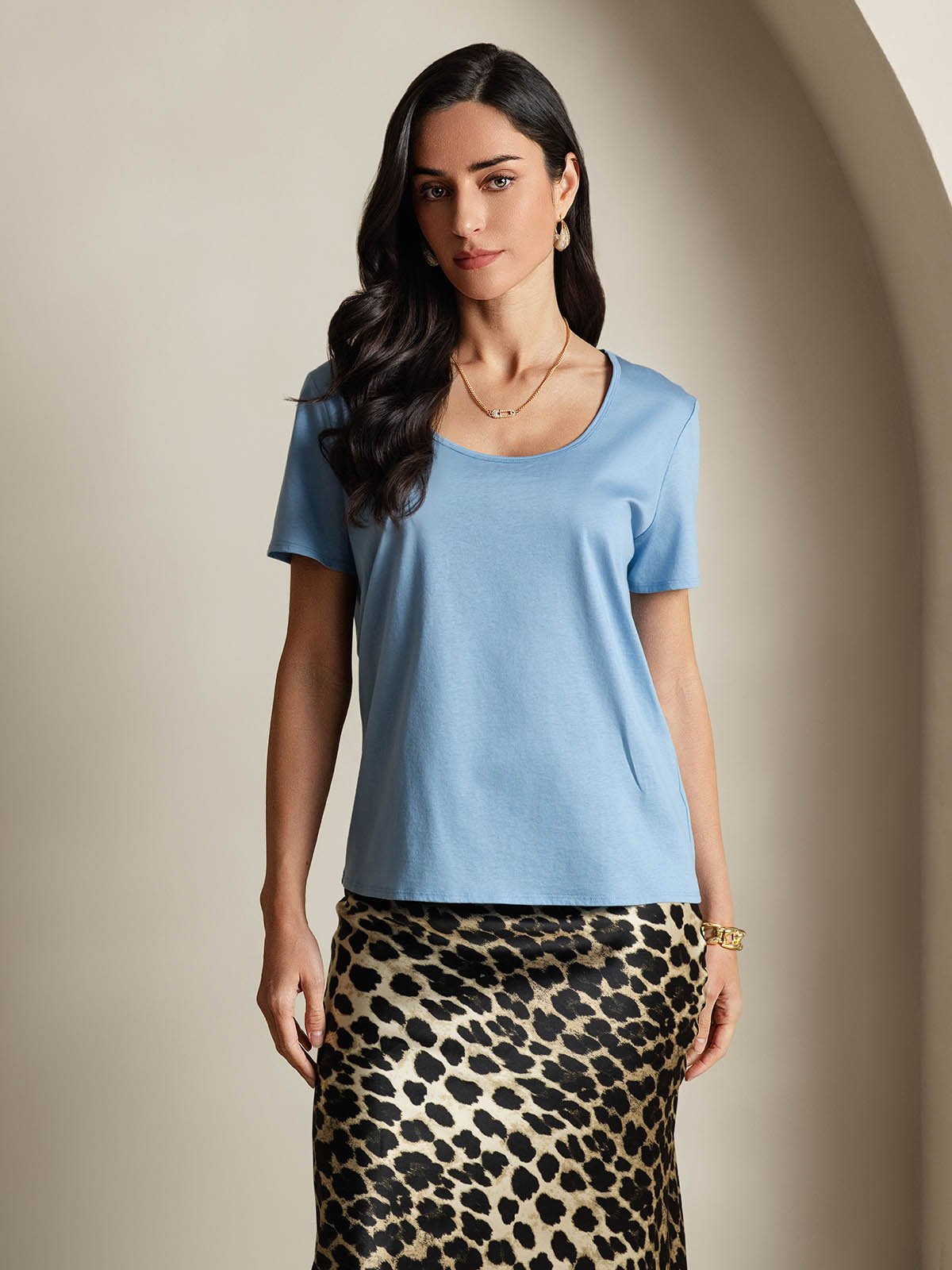 [Blue] SilkSilky-CA Silk Short Sleeve U Neck Women's T-Shirt 001