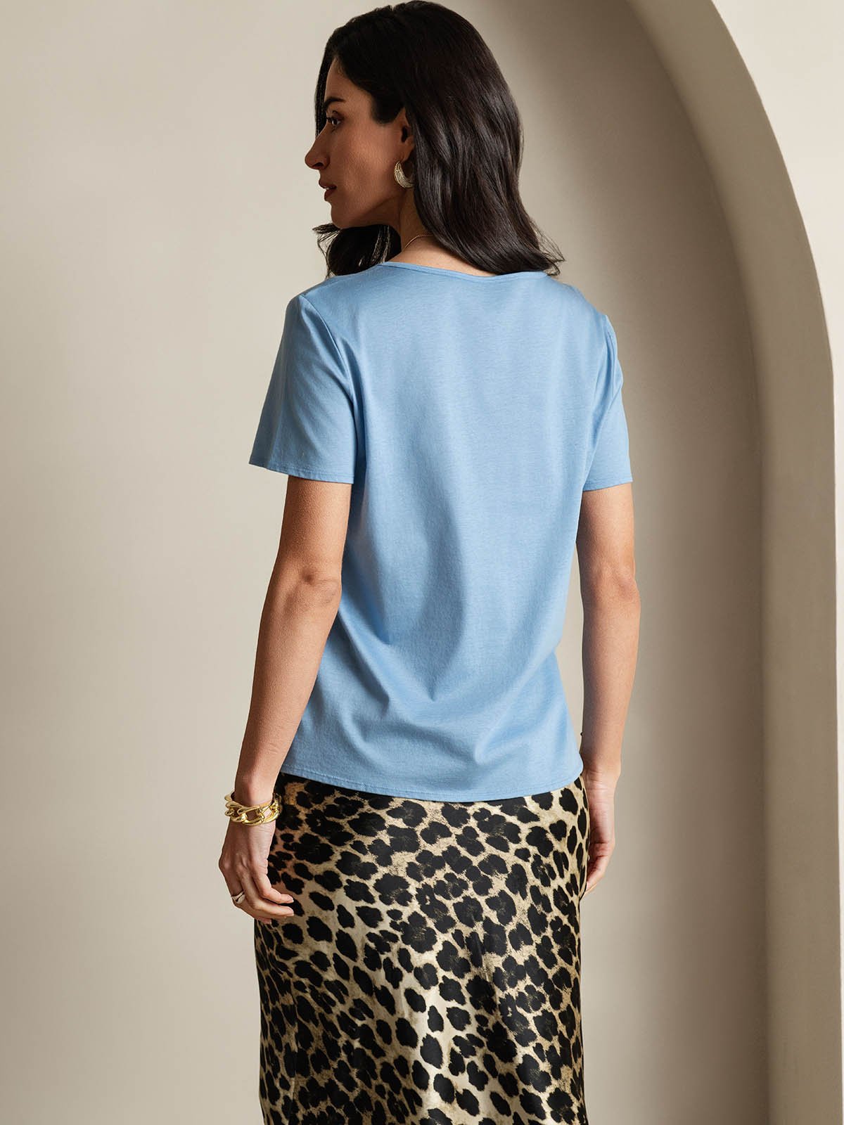 [Blue] SilkSilky-CA Silk Short Sleeve U Neck Women's T-Shirt 002