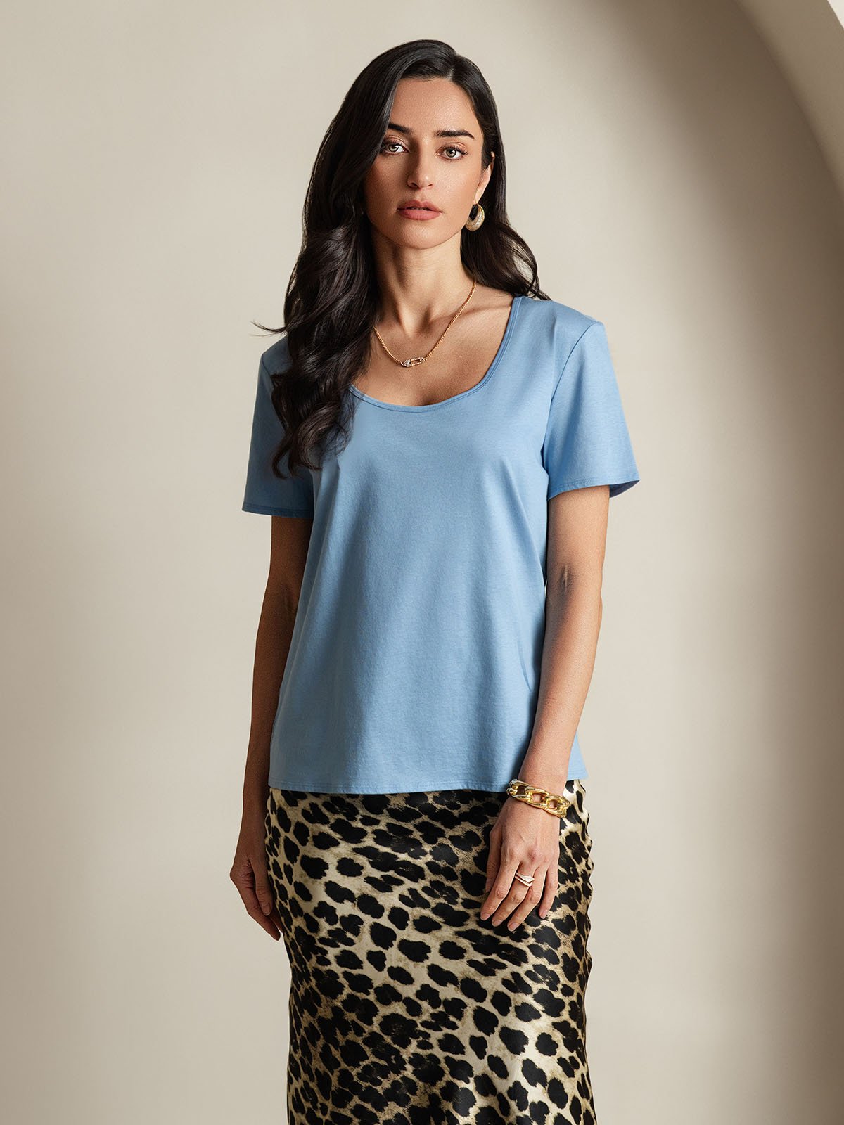 [Blue] SilkSilky-CA Silk Short Sleeve U Neck Women's T-Shirt 003