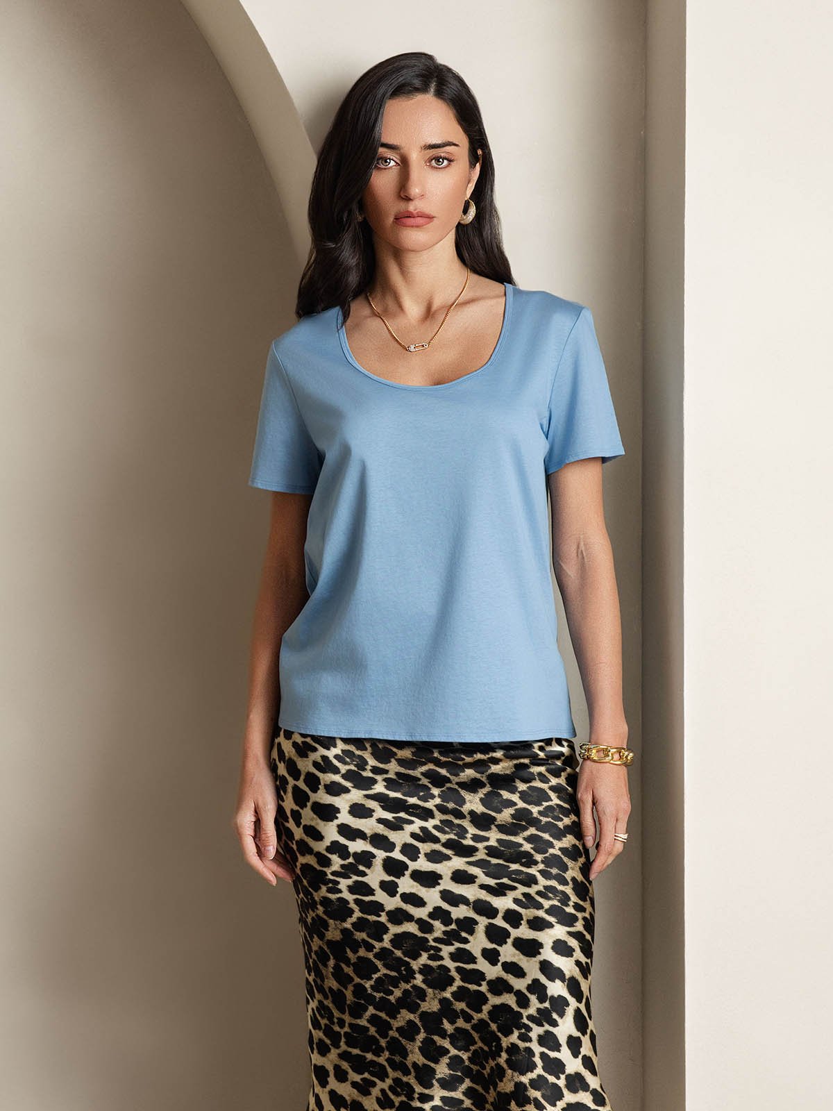 [Blue] SilkSilky-CA Silk Short Sleeve U Neck Women's T-Shirt 006