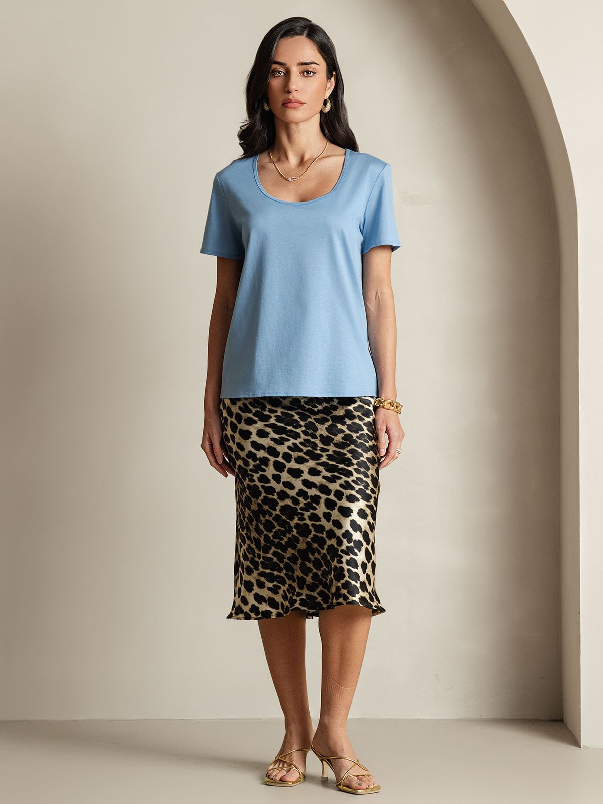 [Blue] SilkSilky-CA Silk Short Sleeve U Neck Women's T-Shirt 008