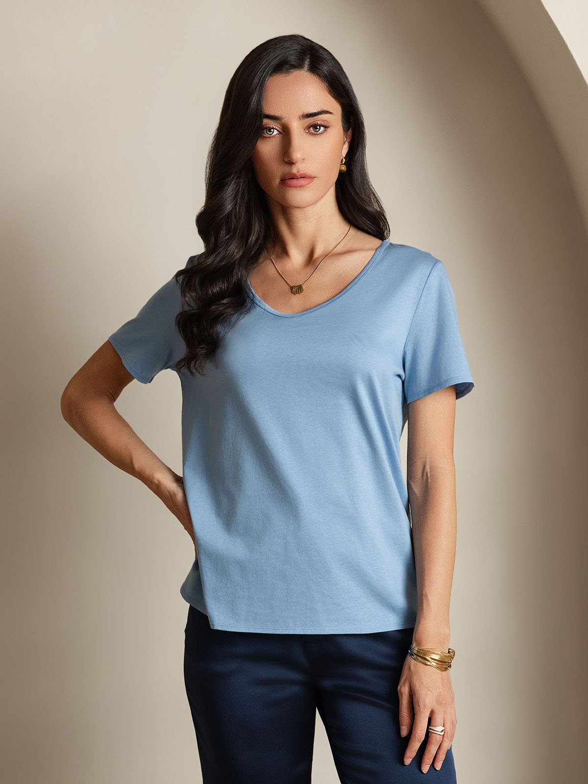 [Blue] SilkSilky-CA Silk Short Sleeve V Neck Women's T-Shirt 003