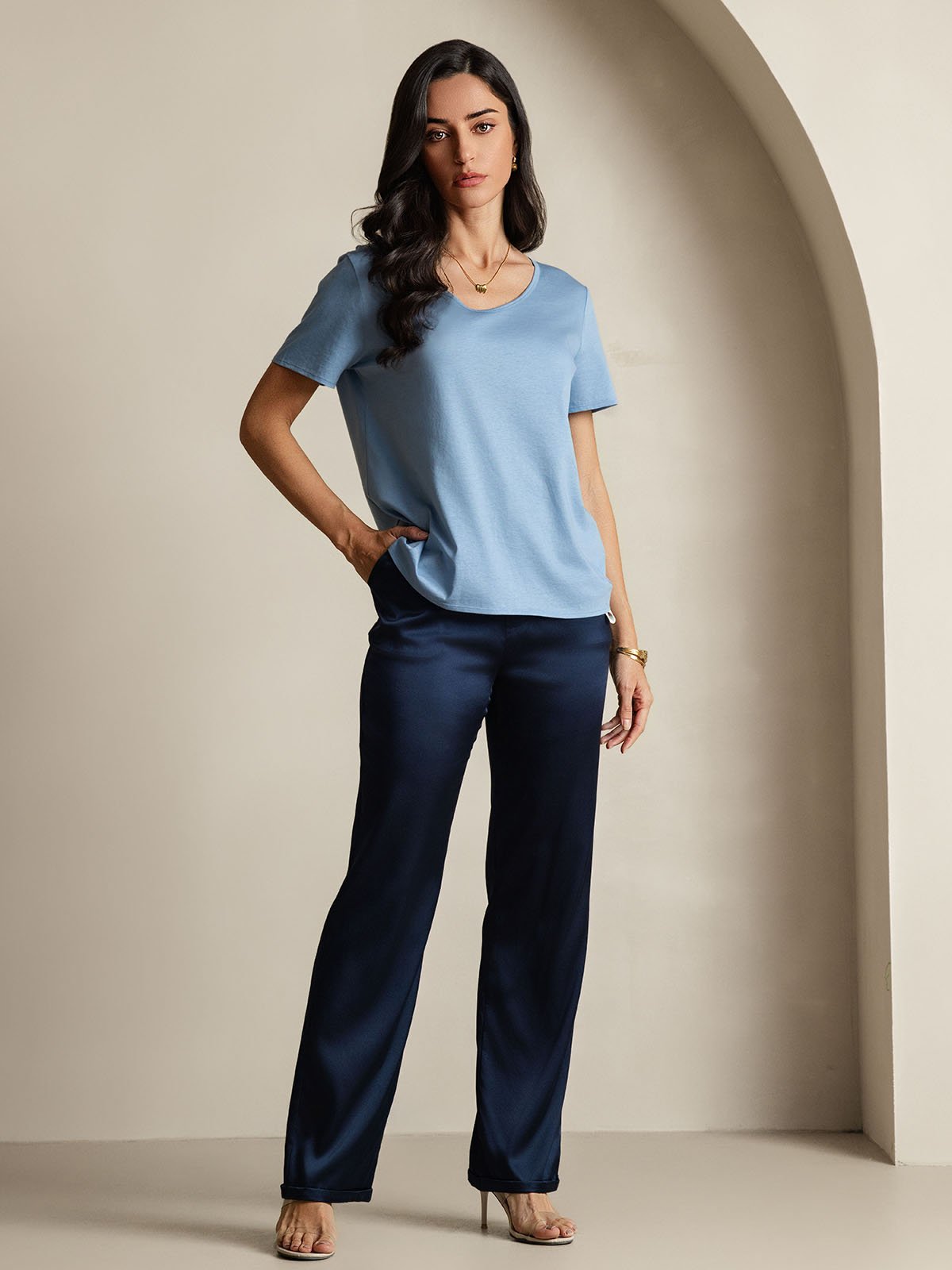 [Blue] SilkSilky-CA Silk Short Sleeve V Neck Women's T-Shirt 005