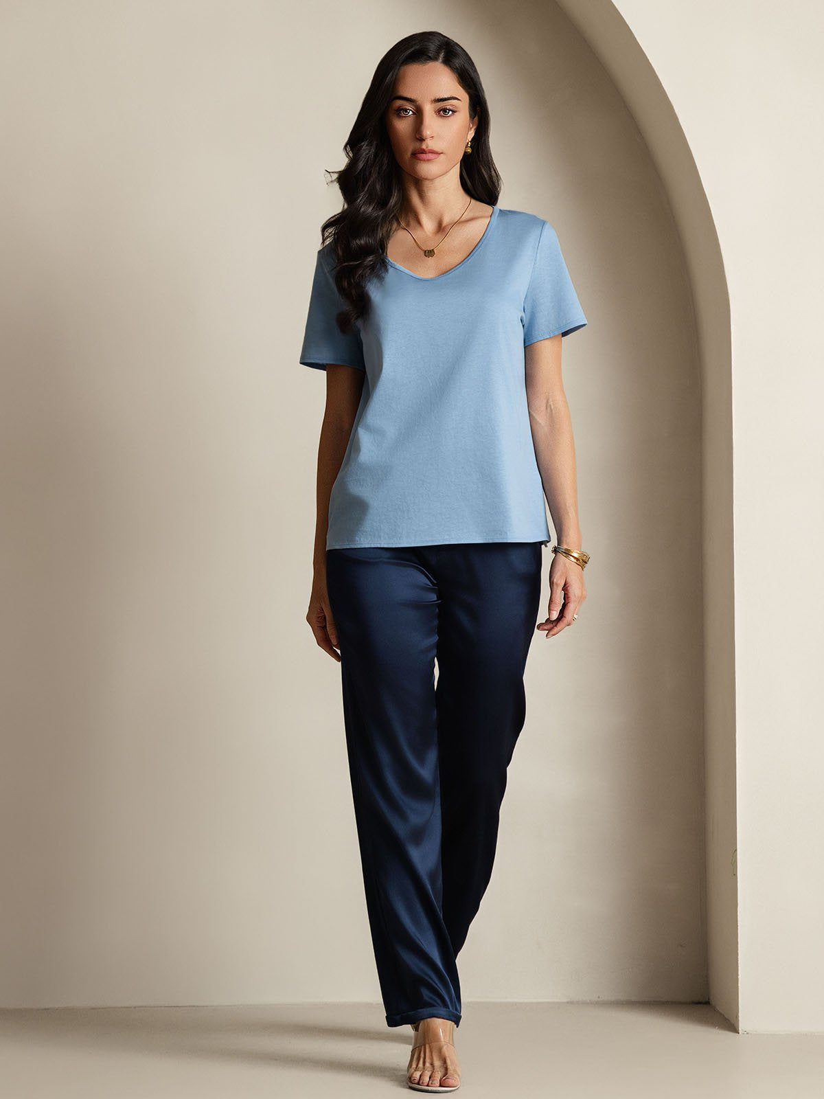 [Blue] SilkSilky-CA Silk Short Sleeve V Neck Women's T-Shirt 006