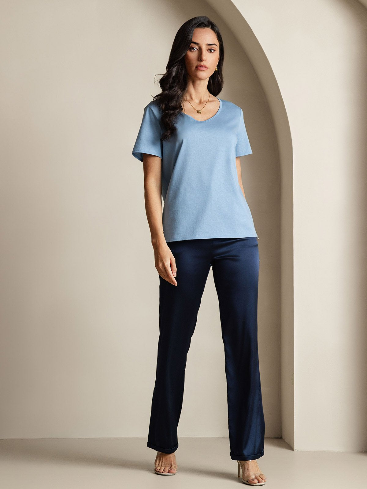 [Blue] SilkSilky-CA Silk Short Sleeve V Neck Women's T-Shirt 007