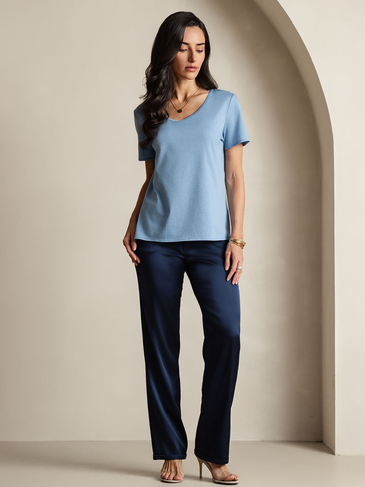 [Blue] SilkSilky-CA Silk Short Sleeve V Neck Women's T-Shirt 008