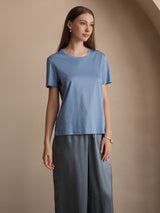 [Blue] SilkSilky-CA 100% Silk Jersey Short Sleeve Round Neck Women's T-Shirt 001