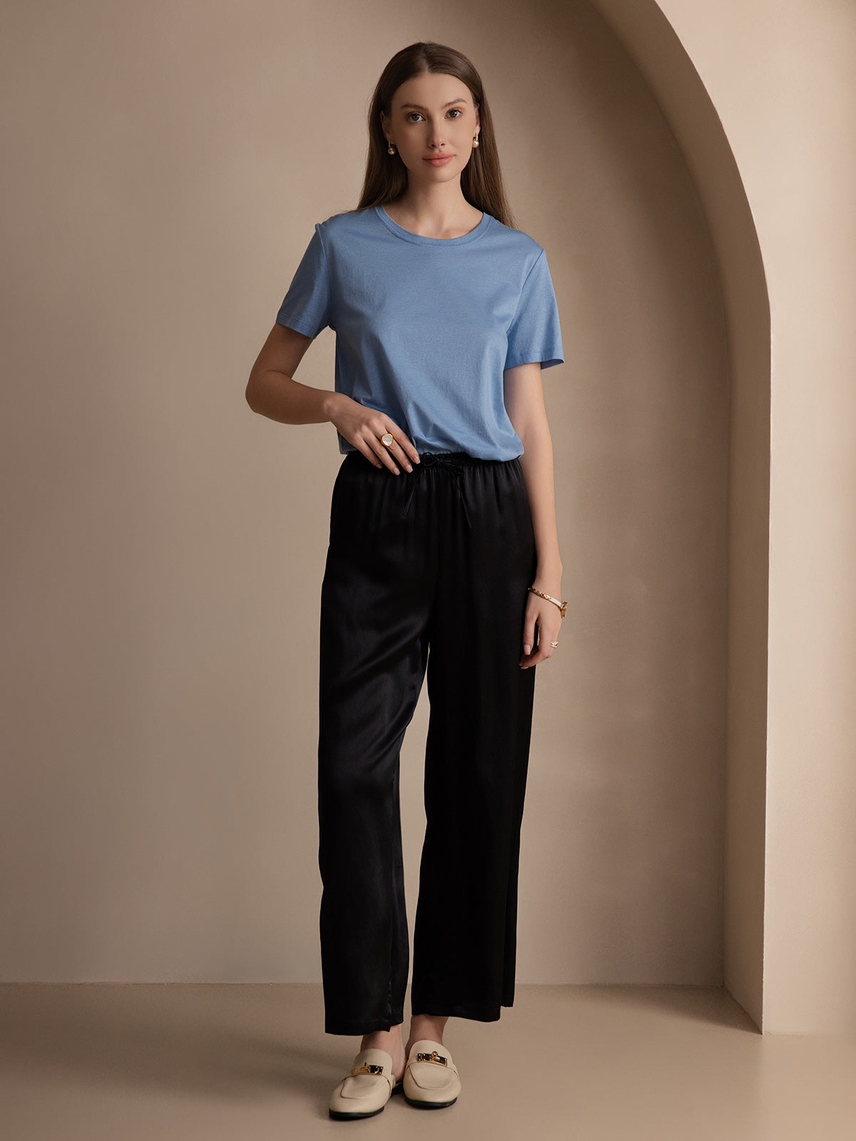 [Blue] SilkSilky-CA Silk Knitted Round Neck Women's T-Shirt 005