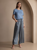 [Blue] SilkSilky-CA 100% Silk Jersey Short Sleeve Round Neck Women's T-Shirt 006