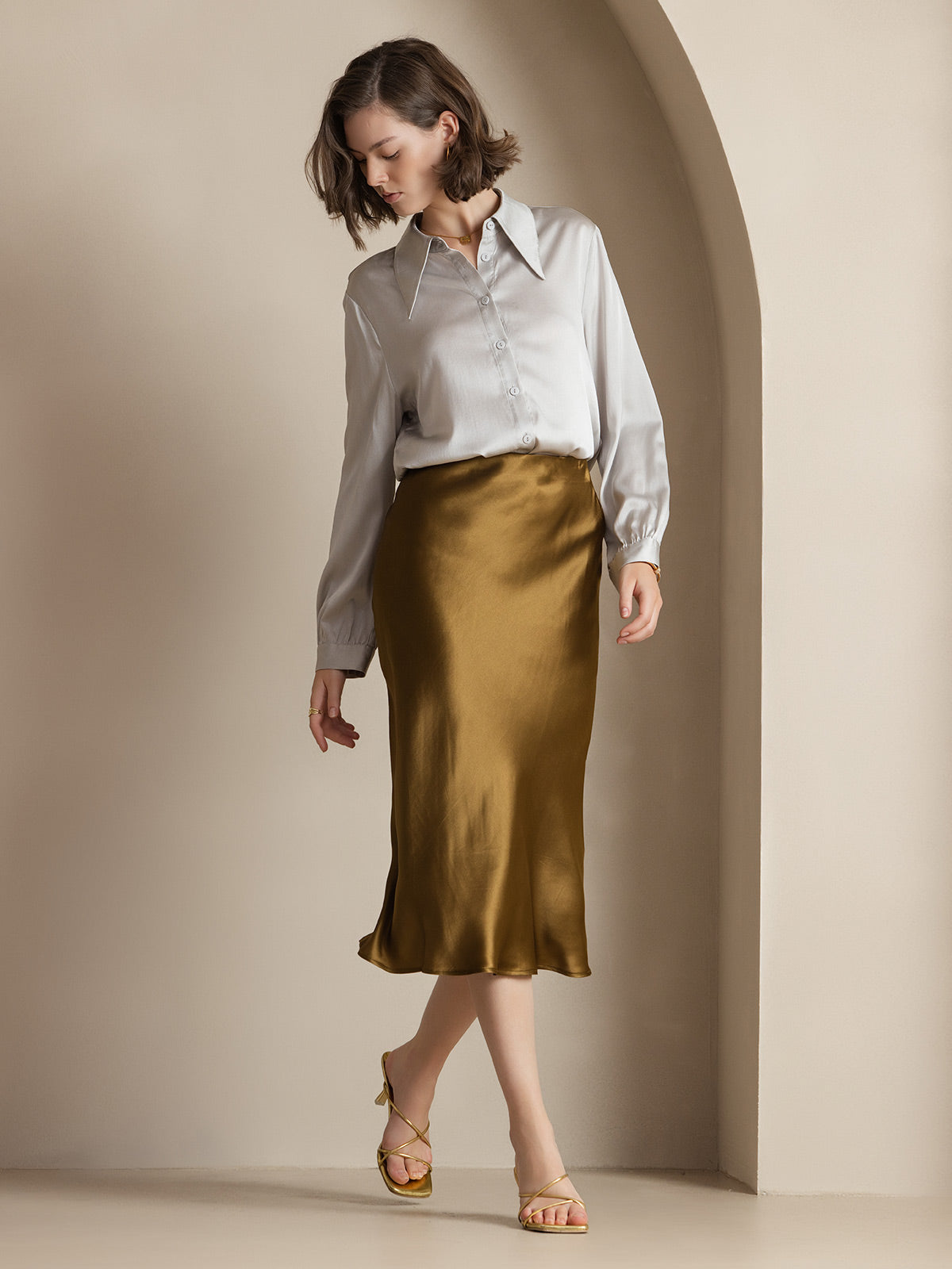 [Brown] SilkSilky-CA 19Momme Pure Silk Skirt 001