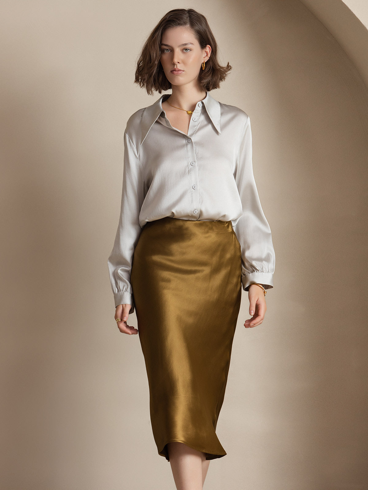 [Brown] SilkSilky-CA 19Momme Pure Silk Skirt 001