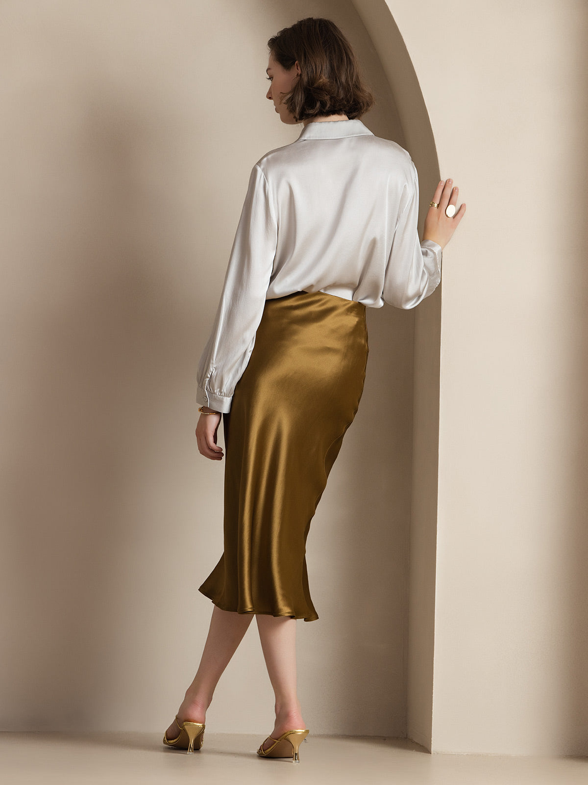 [Brown] SilkSilky-CA 19Momme Pure Silk Skirt 002