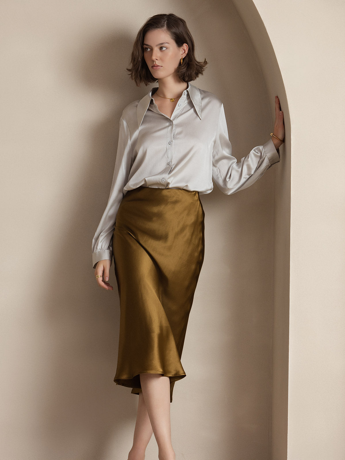 [Brown] SilkSilky-CA 19Momme Pure Silk Skirt 003
