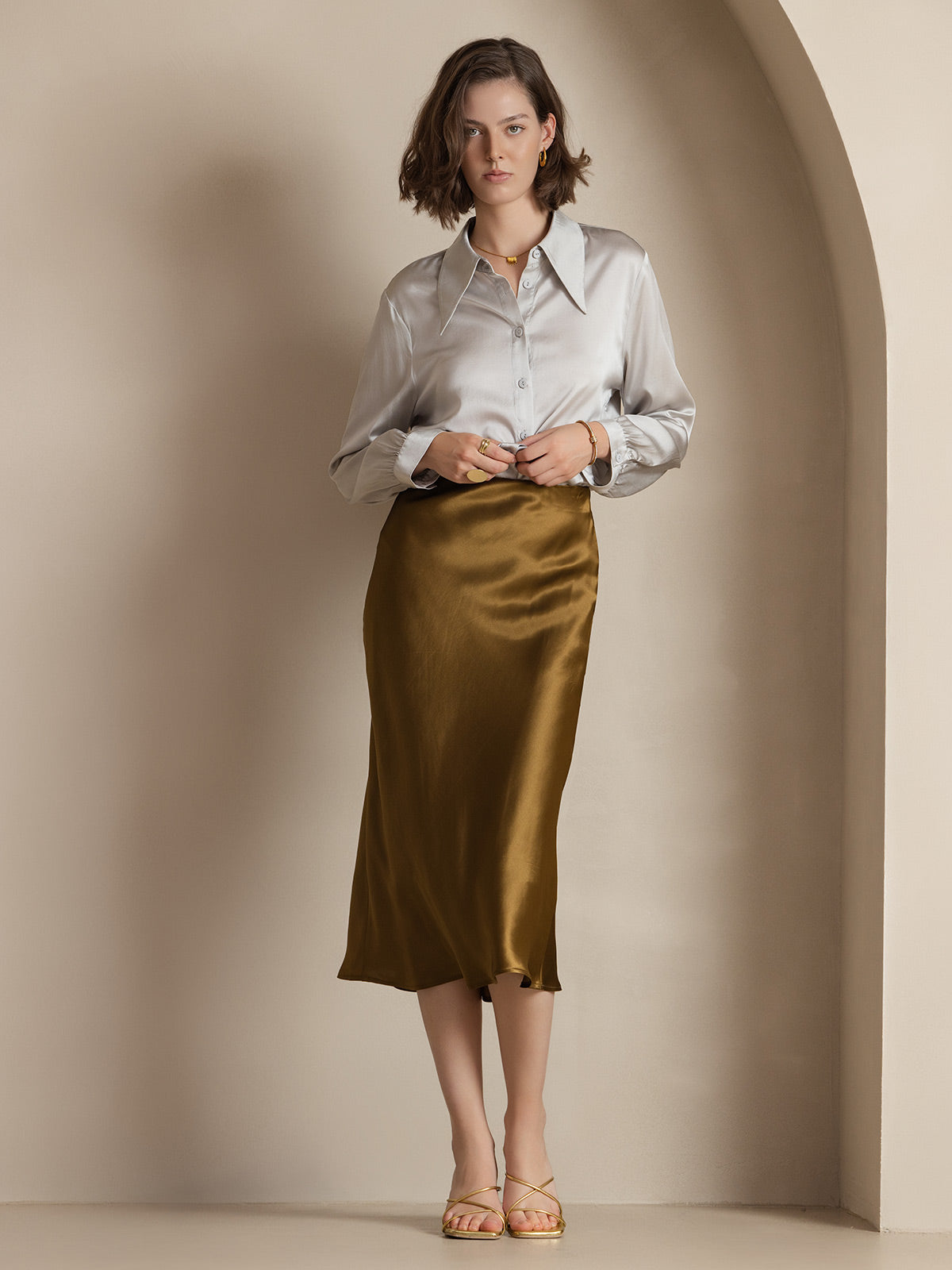 [Brown] SilkSilky-CA 19Momme Pure Silk Skirt 004