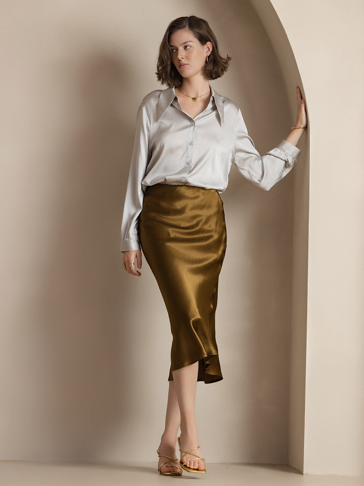 [Brown] SilkSilky-CA 19Momme Pure Silk Skirt 005