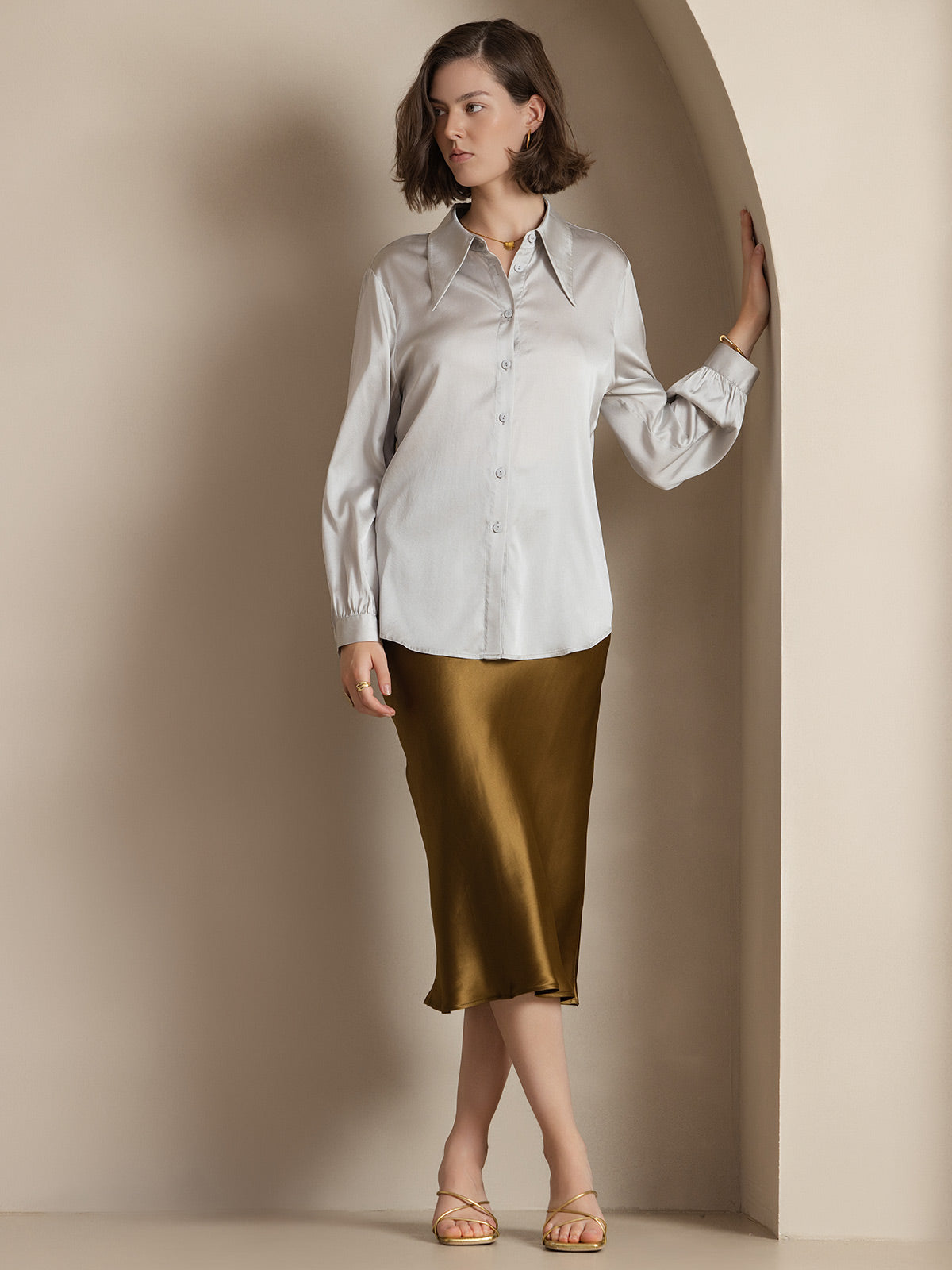 [Brown] SilkSilky-CA 19Momme Pure Silk Skirt 005