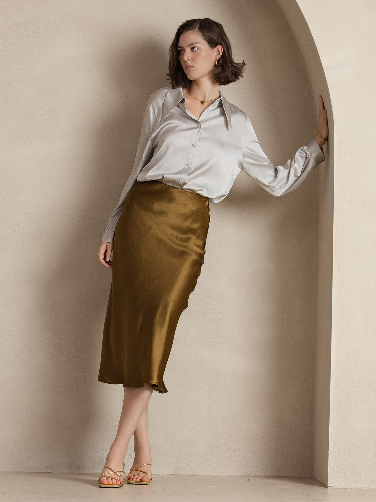 [Brown] SilkSilky-CA 19Momme Pure Silk Skirt 006