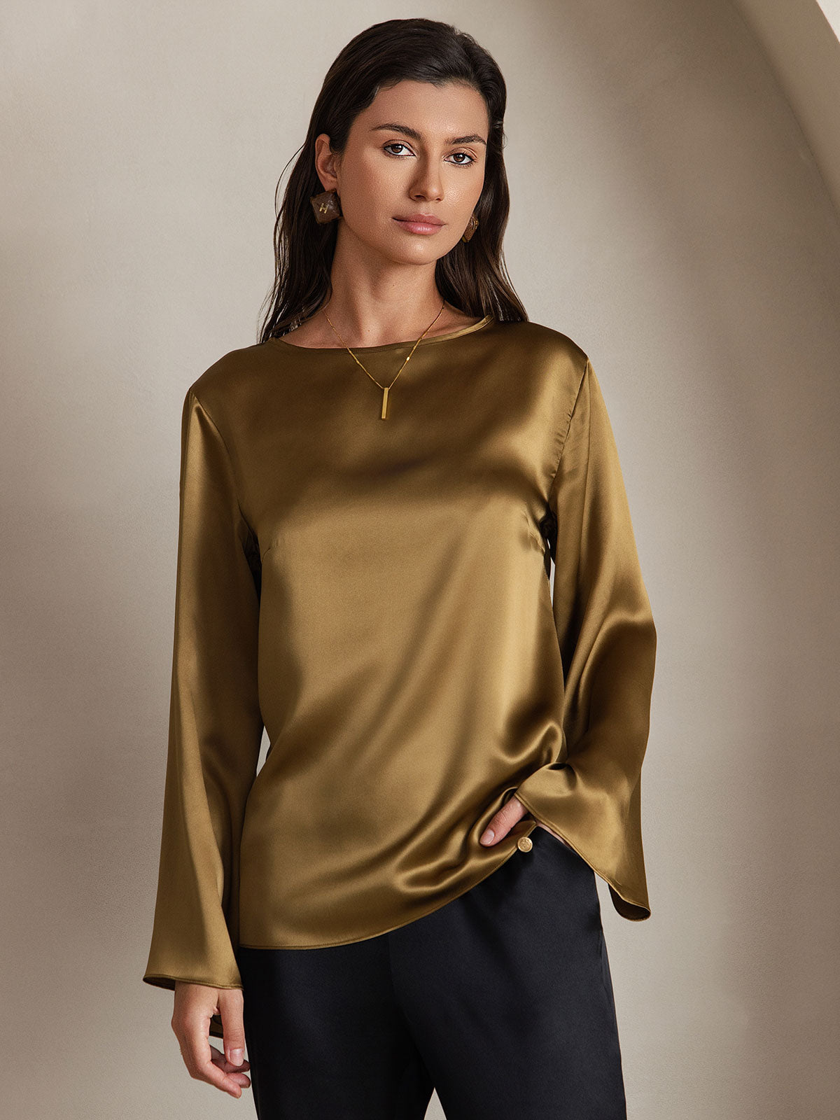 [Brown] SilkSilky-CA 19Momme Silk Long Sleeve Round Neck Women's T-Shirt 003