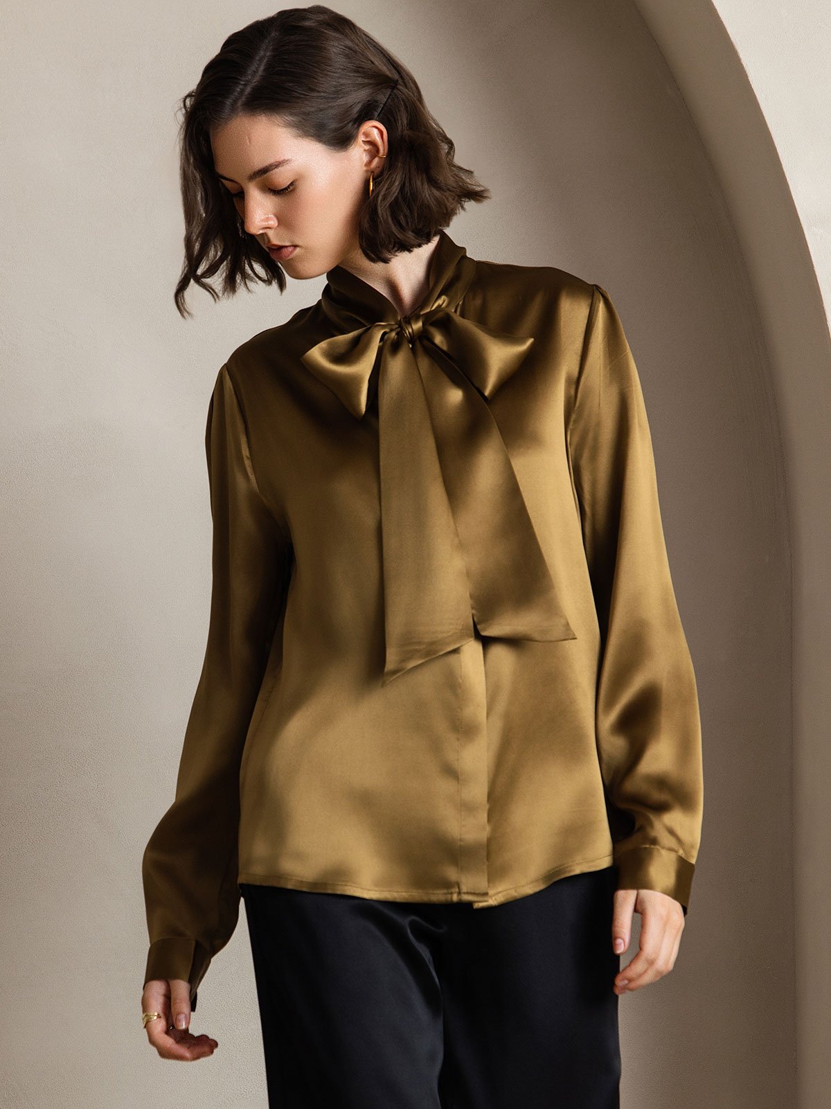 [Brown] SilkSilky-CA 19Momme Silk Long Sleeve Tie Neck Women's Shirt 001