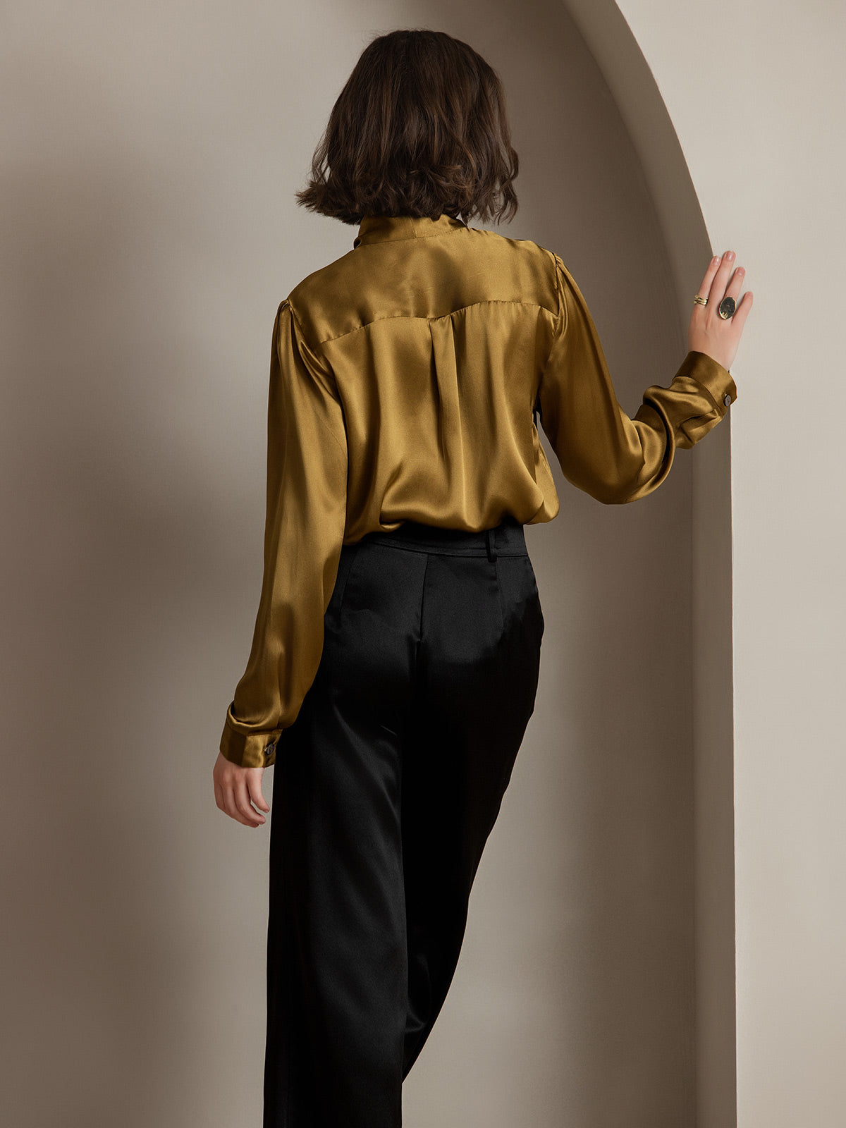 [Brown] SilkSilky-CA 19Momme Silk Long Sleeve Tie Neck Women's Shirt 002