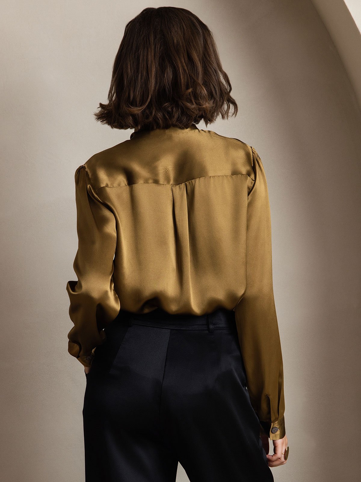 [Brown] SilkSilky-CA 19Momme Silk Long Sleeve Tie Neck Women's Shirt 002
