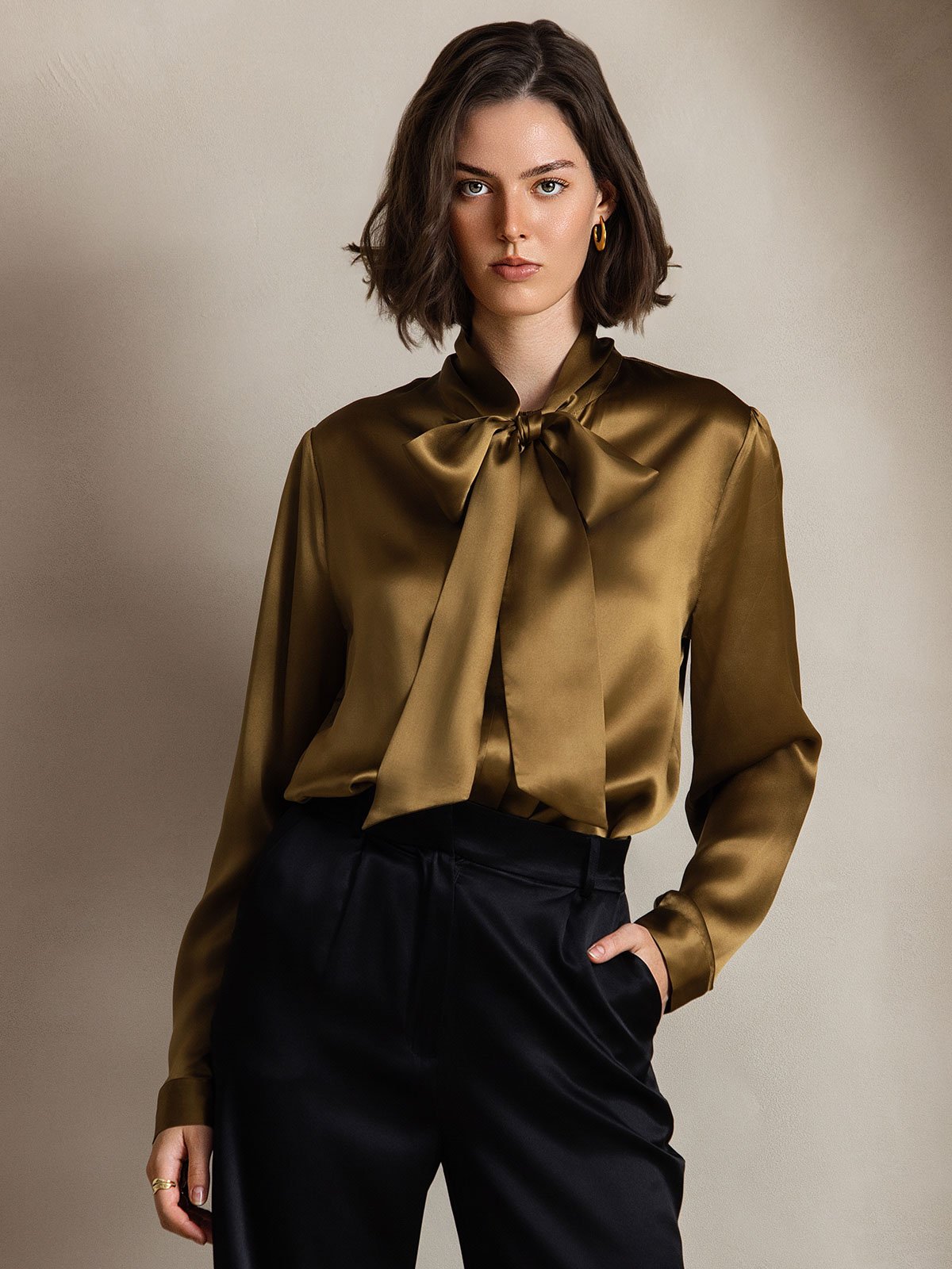 [Brown] SilkSilky-CA 19Momme Silk Long Sleeve Tie Neck Women's Shirt 003