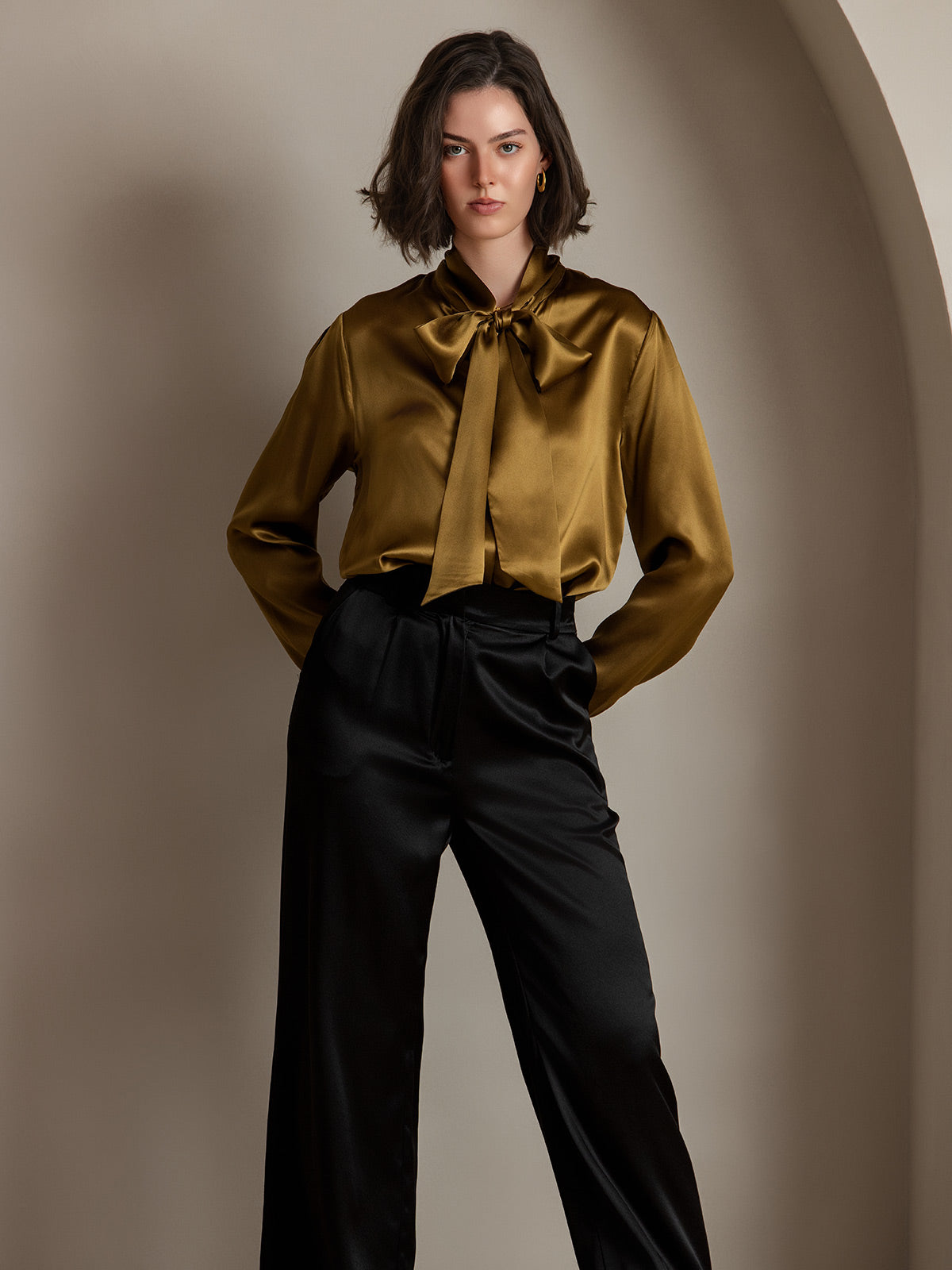 [Brown] SilkSilky-CA 19Momme Silk Long Sleeve Tie Neck Women's Shirt 003