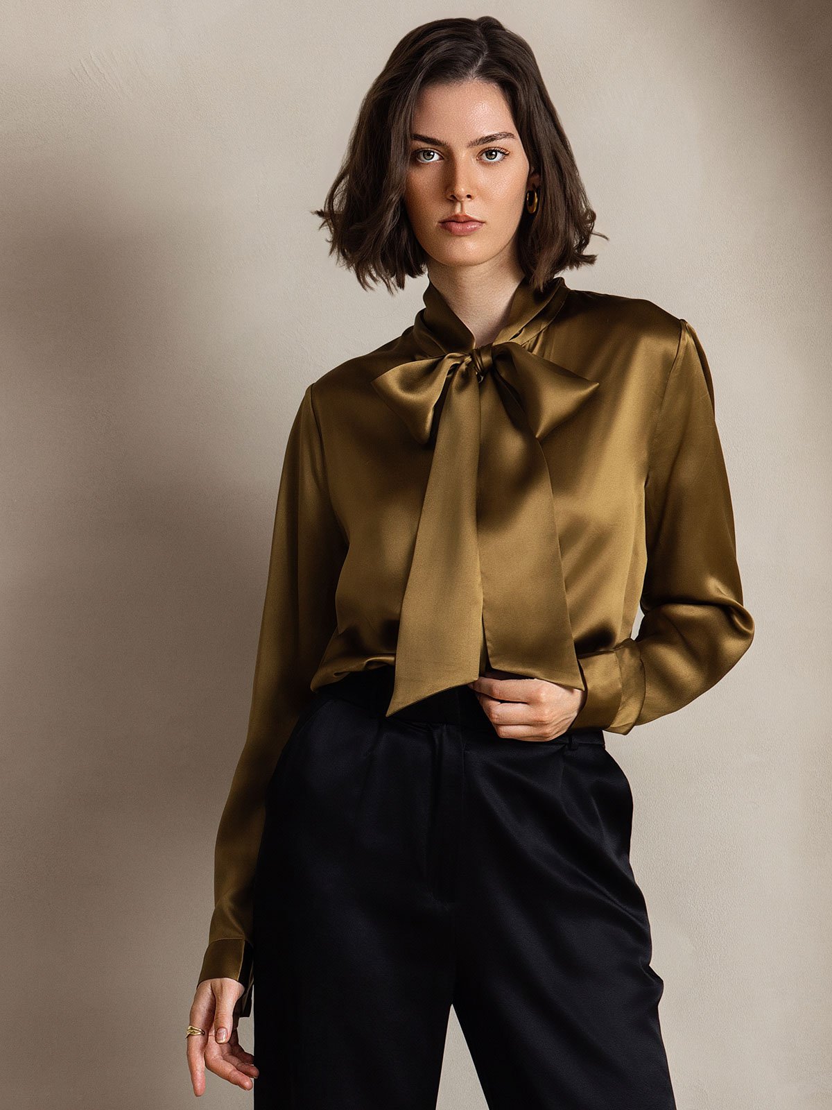 [Brown] SilkSilky-CA 19Momme Silk Long Sleeve Tie Neck Women's Shirt 004