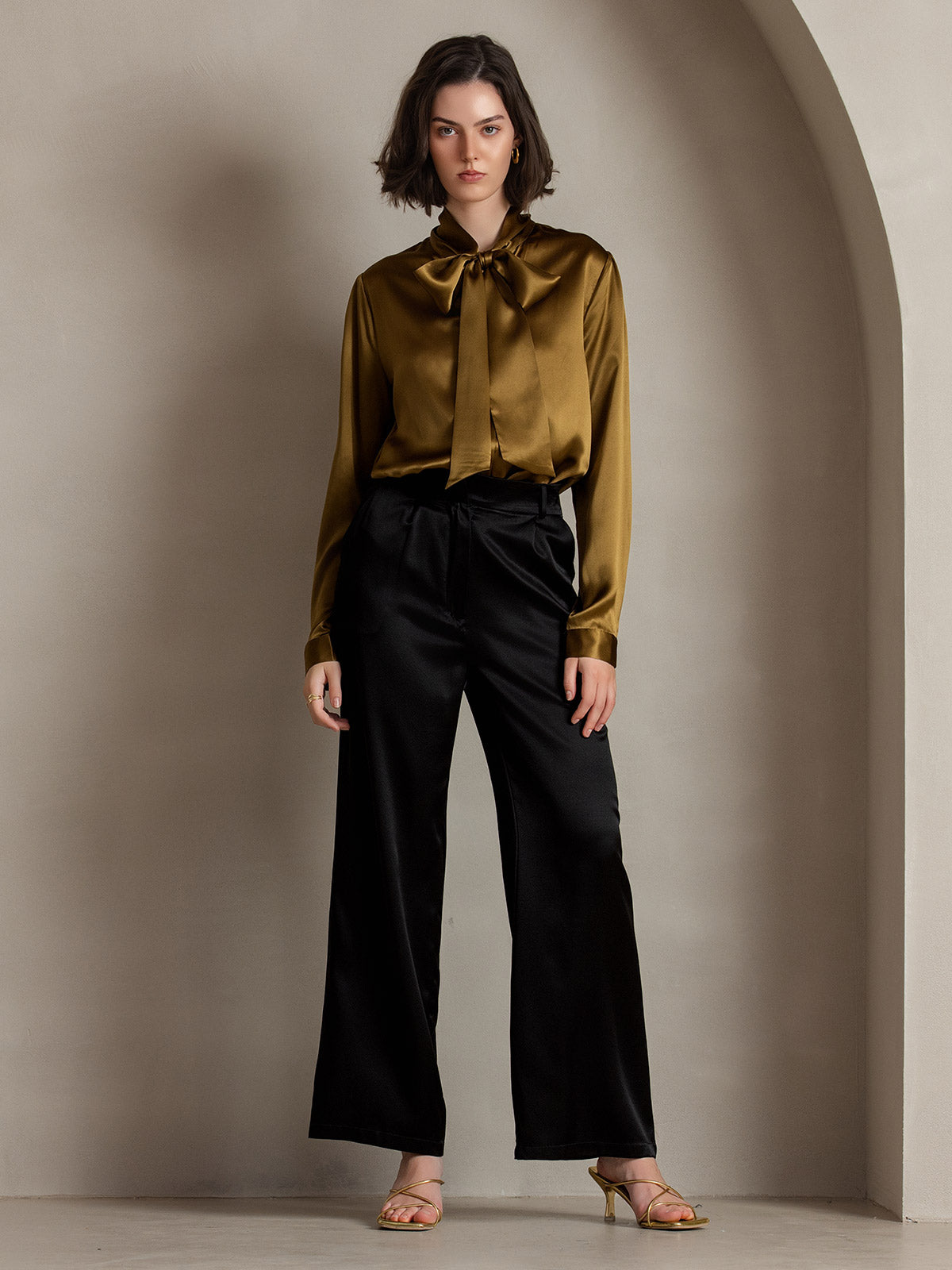 [Brown] SilkSilky-CA 19Momme Silk Long Sleeve Tie Neck Women's Shirt 004